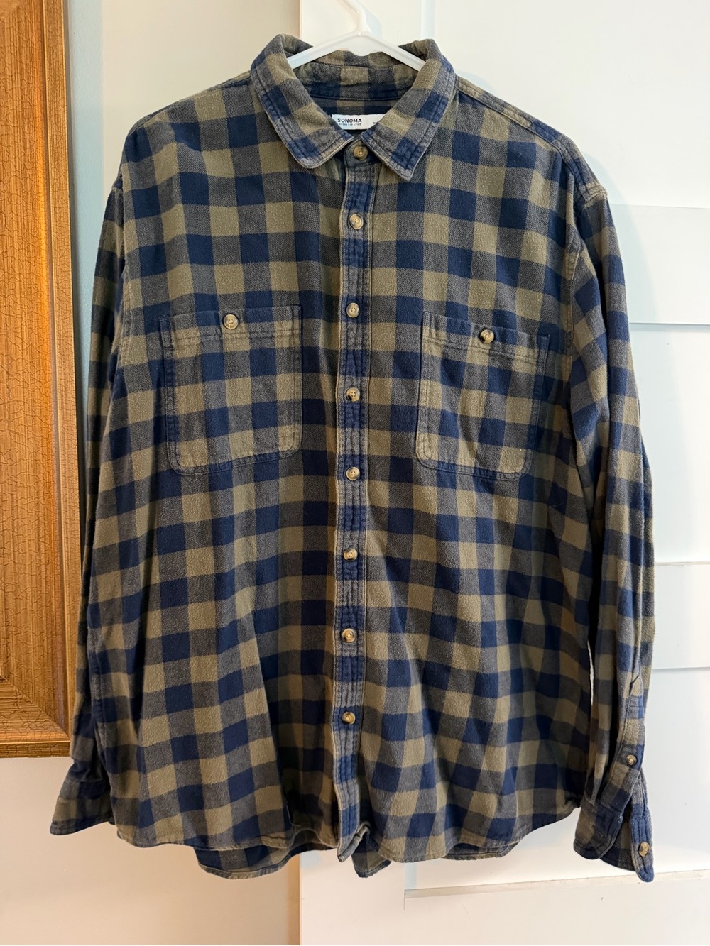 Sonoma Olive and Navy Plaid Long-Sleeve Button-Down Shirt